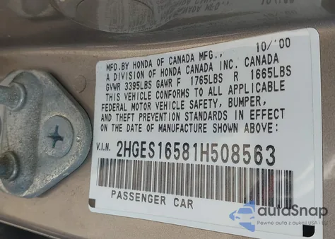 2001 Honda Civic Lx из США, поврежденный, VIN 2HGES16581H508563